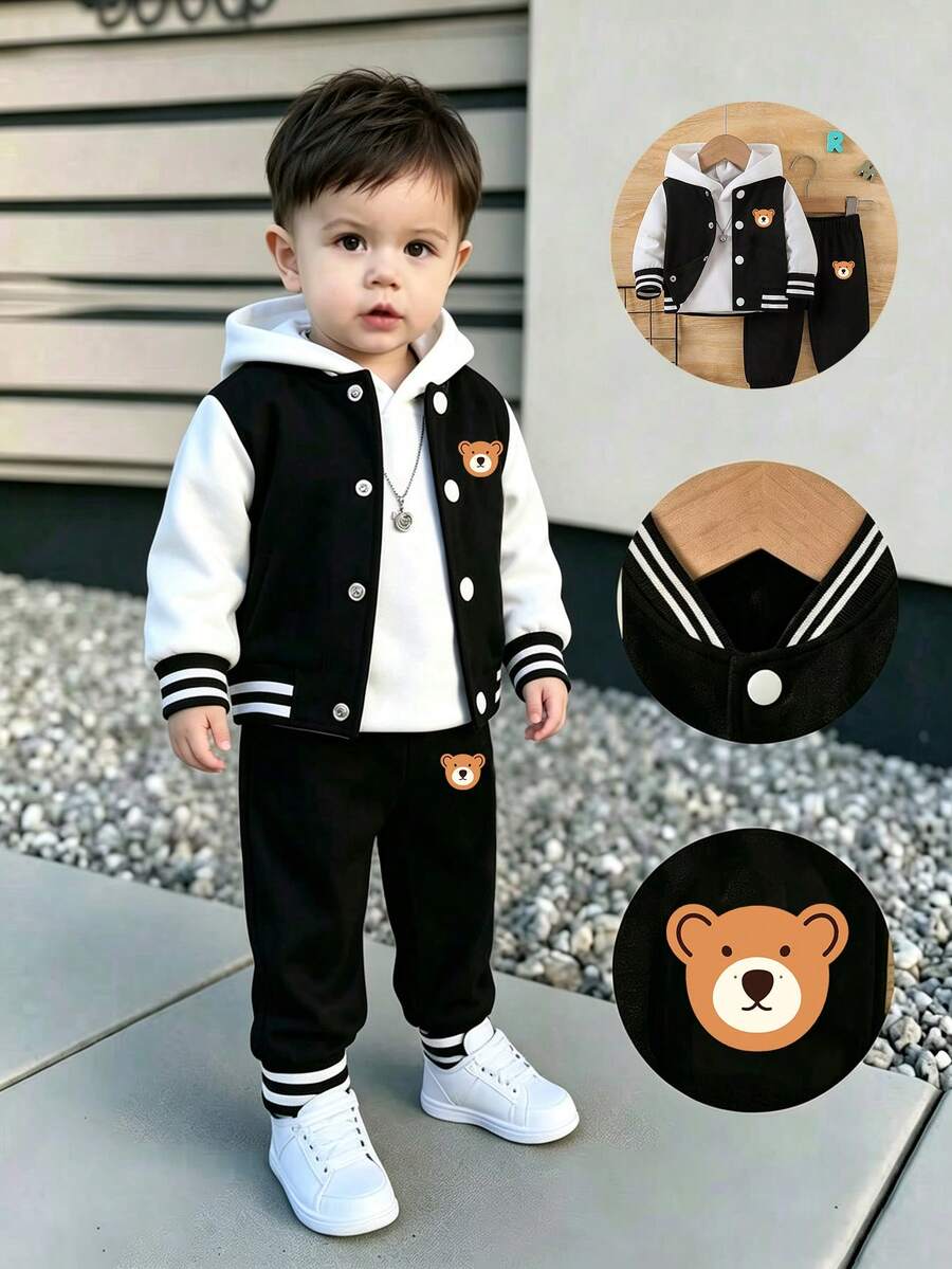 Young Boy Cartoon Print Baseball Collar Warm Sweatshirt And Pants Set - Black - View 1