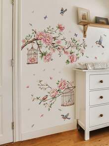 1pc Pink Camellia Flower Branch Bird Cage Wall Decor Sticker, Removable Room Decoration Wall Decal For Bedroom, Living Room, Entryway - 1PC - View 1