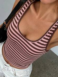 Women Fall Pink Brown Stripe Tank Top,Square Neck Slim Crop Camisole For Back To School Daily Going Out - Pink - View 7