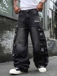 Celana Jeans Kargo Pria Retro Hitam dengan Banyak Saku, Celana Denim Streetwear Y2K dengan Detail Sobek dan Longgar, Potongan Lebar, dan Tampilan Usang. - Hitam - View 3