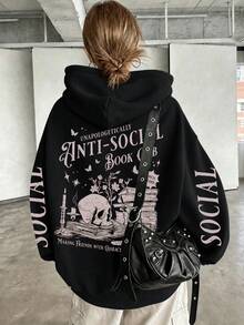 Skull ANTL Print Hooded Sweatshirt, Plus Size Women's Casual Autumn/Winter Long Sleeve Pocket Sweatshirt Black - Black - View 1