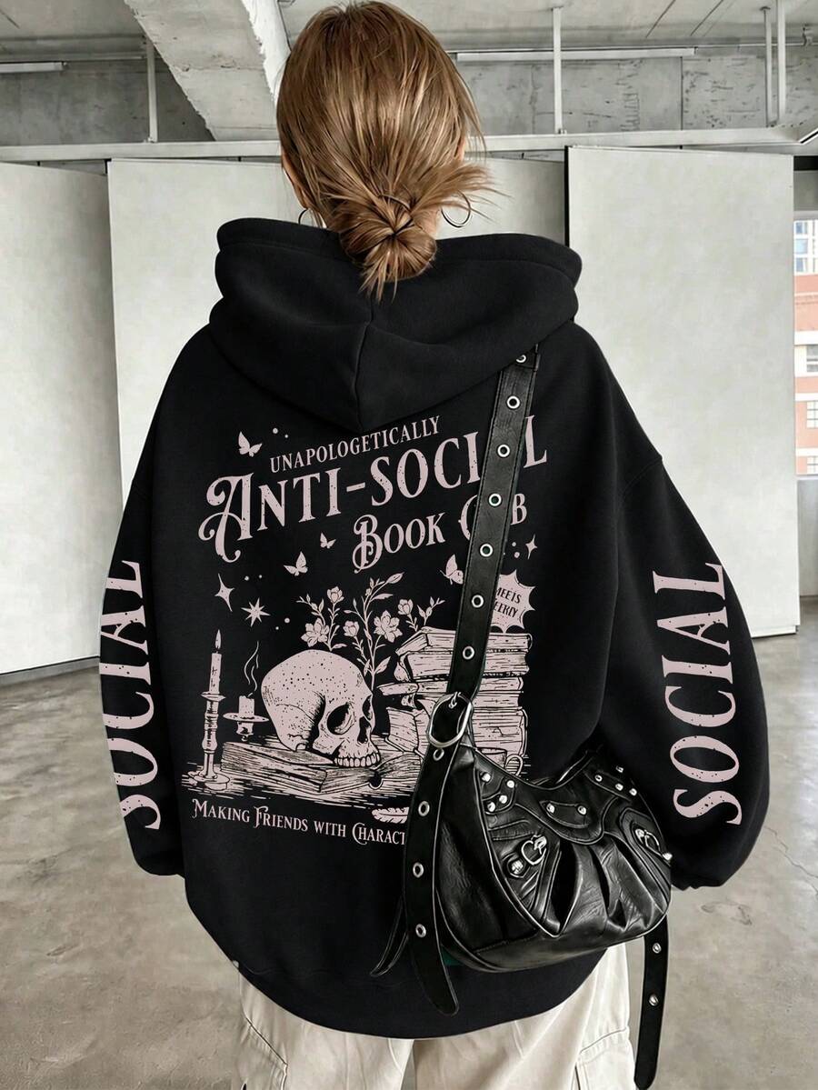 Skull ANTL Print Hooded Sweatshirt, Plus Size Women's Casual Autumn/Winter Long Sleeve Pocket Sweatshirt Black - Black - View 1