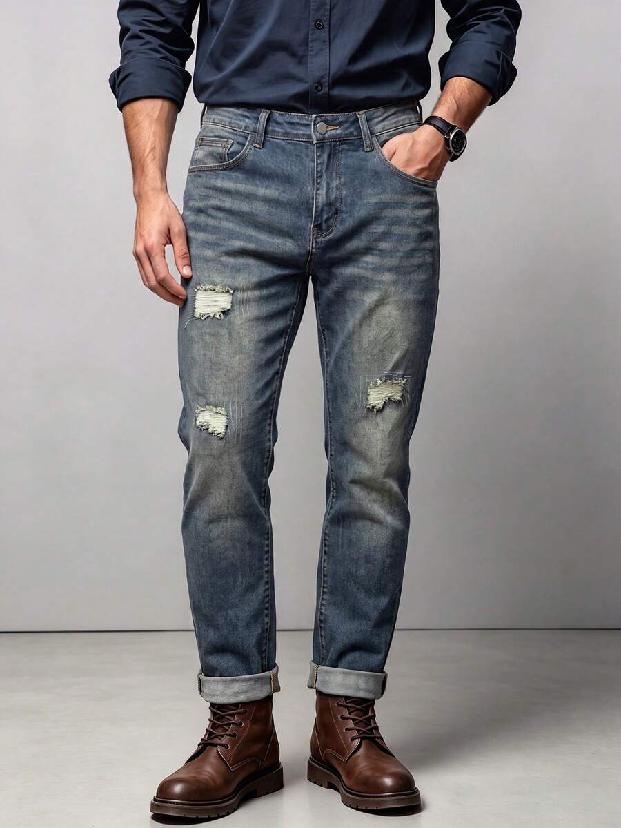 Men 4‑Way Stretch Slim‑Tapered Water‑Ripple Wash Jeans Soft‑Touched Ripped Denim Pants - Blue - View 1