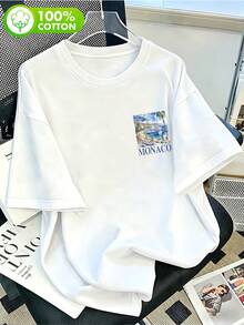 Mediterranean Christmas Vacation Style - MONACO Letter Print Top. Vintage English Lettering With Chiseled Characters Paired With A Watercolor Port - 白色 - 查看 2