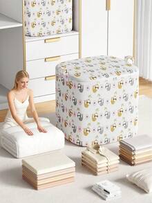 1pc Cartoon Sloth Pattern Clothes Storage Bin, Durable Breathable Fabric, Large Capacity Interior Space, Suitable For Seasonal Clothes, Blankets And Miscellaneous Items, Portable Handle, Stackable Storage, Suitable For Closet, Home Bedroom And Student Dorm Storage - White - View 4