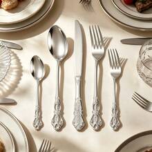 European Vintage Embossed Hollow Handle Stainless Steel Cutlery Set | Gold/Silver Mirror Polished, Non-Slip And Dishwasher , Multi-Piece Set, Suitable For Western Dining And Party Decoration - Silver - View 2