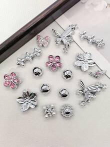 16pcs Shiny Rhinestone Flower Resin Shoe Charms, Luxury Silver & Pink Butterfly Clogs Shoe Clips, DIY Decoration Faux Pearl Shoe Accessories - Multicolor - View 5