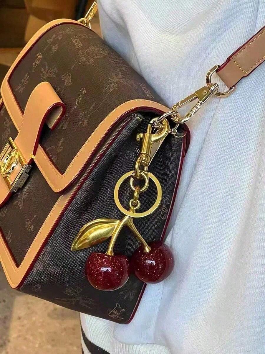 Glitter Red Cherry Keychain, Gold Metal Leaf Cherry Bag Charm, Cute Fruit Pendant Key Ring With Lobster Clasp For Women Handbag Decor - Multicolor - View 1