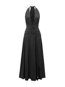 Elegant Women's Black Halter Neck Knit A-Line Maxi Dress, Suitable For Formal Occasions, Sleeveless Slightly Elastic Fabric, Comfortable All Day - Black - View 3