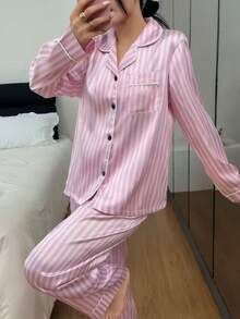 Dreamivo 2pcs/Set Women's Striped Long Sleeve Long Pants Pajama Set - Pink - View 6