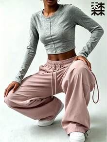 mulinsen Women's Drawstring Waist Cargo Pants, Casual Wide Leg Multi-Pocket Parachute Pants, Loose Street Style Tapered Leg Long Pants - Pink - View 5