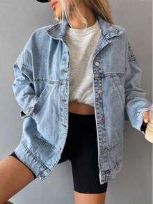 Boyfriend Style Solid Color Slant Pocket Casual Loose Denim Jacket, Women Autumn Clothing - Light Wash - View 1