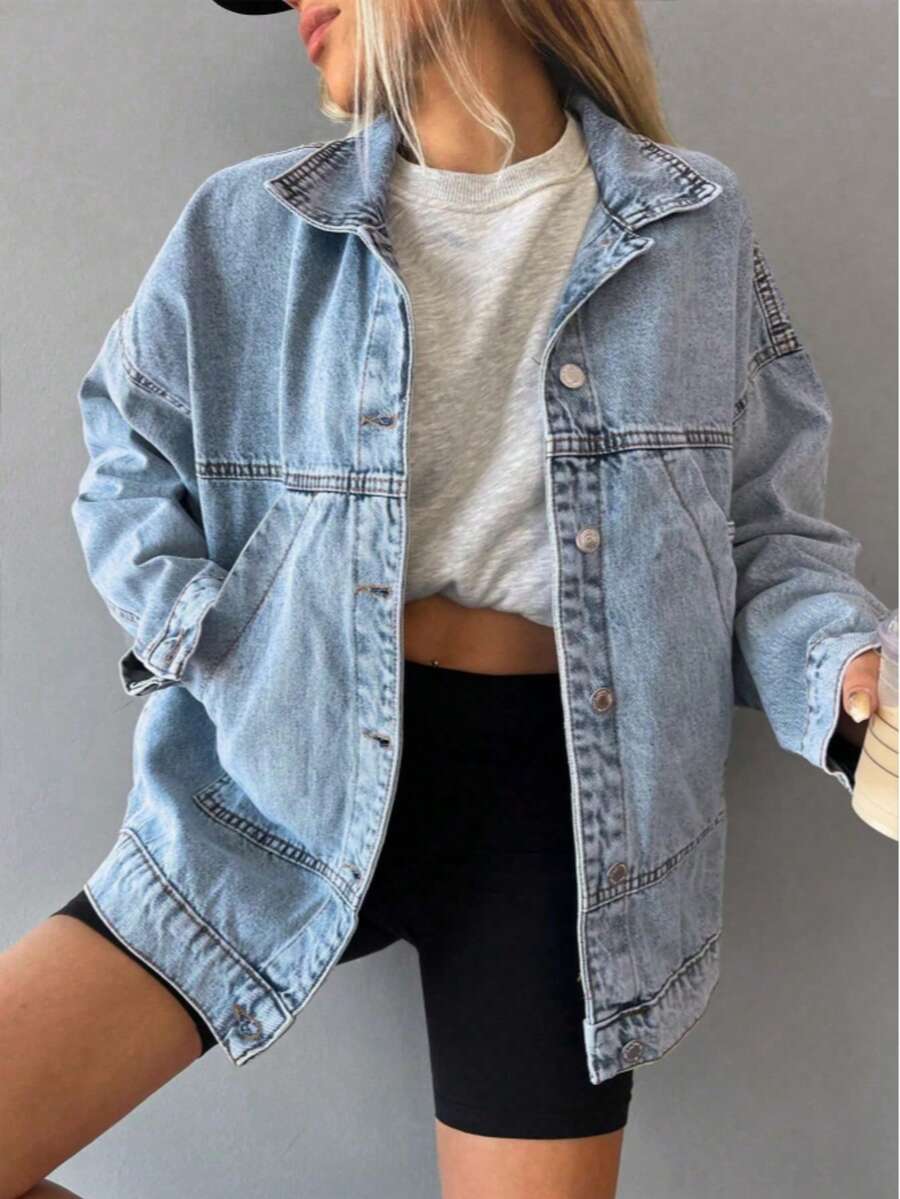 Boyfriend Style Solid Color Slant Pocket Casual Loose Denim Jacket, Women Autumn Clothing - Light Wash - View 1