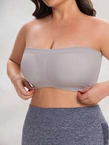 Women's Strapless Bra Plus Size Bandeau Top Solid Color Underwear - Light Grey - View 3