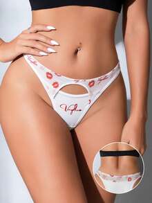 Aesletic Women's Romantic Sexy Lip Print Mesh Patchwork Comfortable Knit Fabric Triangle Panties - White - View 6