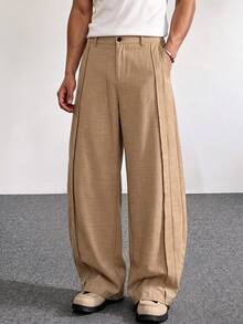 Men's Khaki Wide Leg Casual Pants, Drapey Comfortable Versatile Commuter Long Pants - Brown - View 8