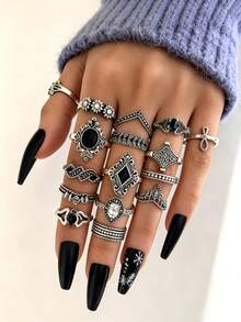 20pcs Gothic Vintage Silver Black Raw Stone Rings, Bohemian Hollow Floral Carved Stackable Finger Rings, Women's Daily Party Jewelry Gift - Black Stone Ring - View 8