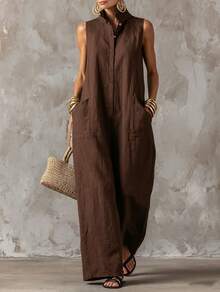 Women's Sleeveless Collared Button Front Top And Wide Leg Pants Two Piece Set Casual Linen Blend Outfit Collection - 棕色 - 查看 4
