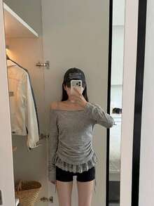 YCYC Korean Style Women's Design Lace Patchwork Camisole + Drawstring Long Sleeve Top 2-Piece Set - Grey - View 5