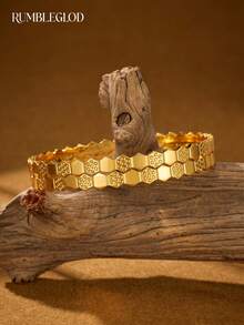 1/2/3pcs Fashion Classic Hand-Carved Seven-Star Hexagonal Honeycomb Design Gold Women's Bracelet, Non-Openable 65mm And Openable 63mm Two Sizes, Suitable For Women's Daily Wear, Without Packaging Box - Seven-star Honeycomb - View 8