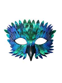 Blue-Green Gradient Winged Bird Beak Half Face Mask, Layered Faux Feather Cut Texture Exquisite, Suitable For Halloween Cosplay, Fantasy Theme Party, Escape Room Costume Change, Gorgeous And Unique Style, Can Create Atmospheric Look With Outfit, Also Suitable For Photography - Blue-green Gradient - View 6