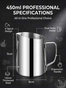 450ml Stainless Steel Milk Frothing Pitcher With Built-In Measurement Markings, Professional Flow Control Design For Latte Art, Ergonomic Handle Espresso Steam Milk Cup, Suitable For Baristas, Home And Cafe - Multicolor - View 6