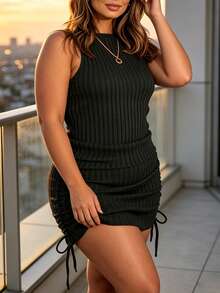 Plus Size Women's Cinched Waist Fitted Mini Dress, Sleeveless Round Neck, Party Nightclub Style - Black - View 2
