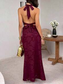 Unadoll Women Fall Burgundy Halter 2 Piece Set,Cowl Back Tie Crop Top Midi Skirt For Birthday Cocktail Party Going Out - Burgundy - View 2
