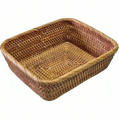 Handwoven Rattan Storage Basket - Natural Organizer Tray Farmhouse Kitchen, Entryway Coffee Table Decor9.8x8.3x3.1 InchesMulti-Purpose Woven Basket With Sturdy Construction