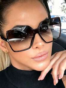 1pc Brown Large Frame Square Fashion Glasses, Elegant Beach Accessory - Multicolor - View 4