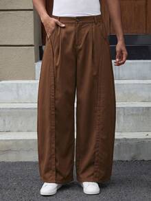 1pc Men's American Korean Street Style Minimalist Structured Straight Leg Loose Wide Leg Casual Long Pants - Brown - View 2
