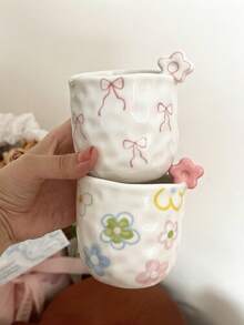 250ml Floral Coffee Cup, Cute 3D Flower Ceramic Handheld Cup, Bowknot Tea Cup, Hand-Pinch Asymmetrical Ceramic Coffee Cup Latte Cup Breakfast Cup Gift - Multicolor - View 3
