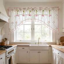 1PC New Pink Embroidered Small Flower Christmas Holiday Decorative Short Curtain, Translucent Kitchen Cafe Curtain With Rod Pocket Design, Fresh Style Finished Rod Pocket Curtain - Pink - View 3