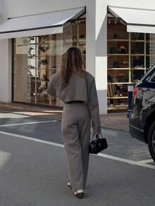 Women's Short Blazer & Wide Leg Pants 2 Pieces Set, Loose Fit Hidden Button Notch Lapel Office Casual Outfit - Grey - View 4