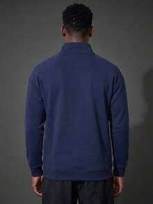 Camvyn Men's Autumn/Winter Casual Versatile Faux Drop Shoulder Loose Raglan Sleeve Zip-Up Collar Sweatshirt - Navy Blue - View 2