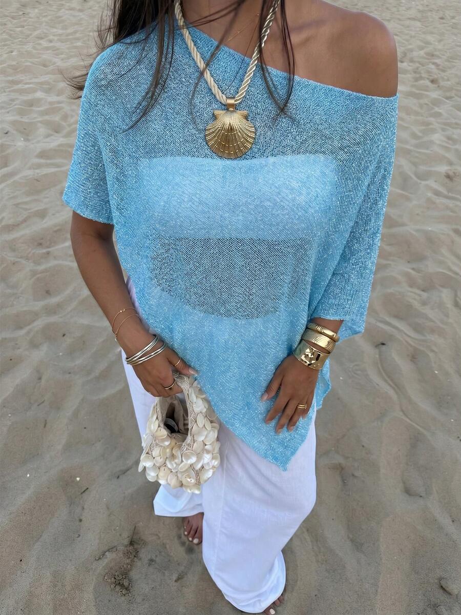 Plus Size Women's Casual Sexy Shiny Lightweight Textured Solid Color Hollow Knit Short Cape Batwing Sleeve Summer Beach Cover-Up Vacation - Blue - View 1