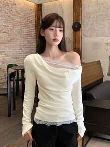 Women's Cowl Neck Lace Patchwork Casual Versatile Daily Wear T-Shirt - Apricot - View 1