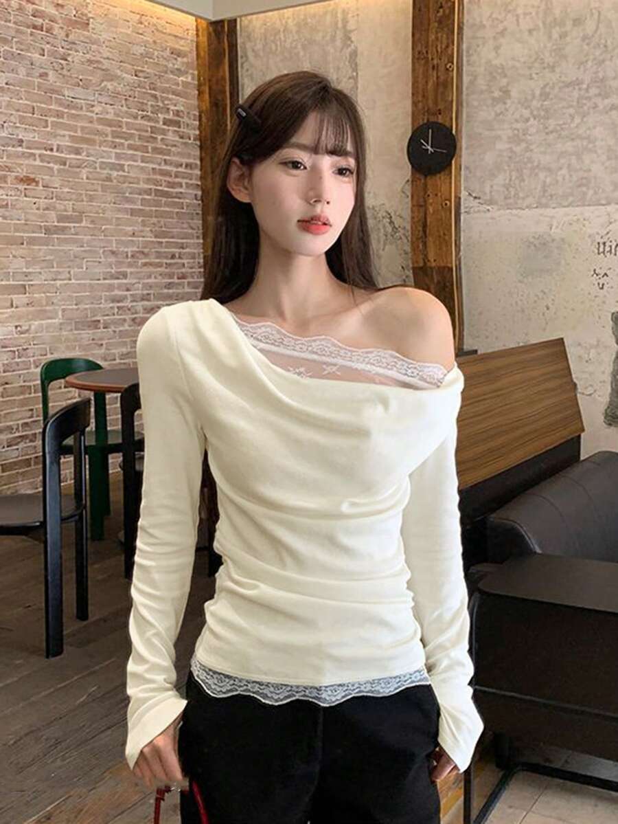Women's Cowl Neck Lace Patchwork Casual Versatile Daily Wear T-Shirt - Apricot - View 1