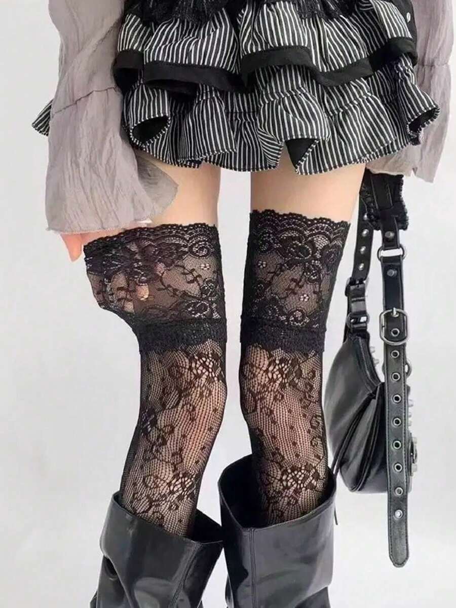 1 Pair Women's White Contrast Lace Trim Versatile Comfortable Knee-High Socks For Daily Wear - Multicolor - View 1
