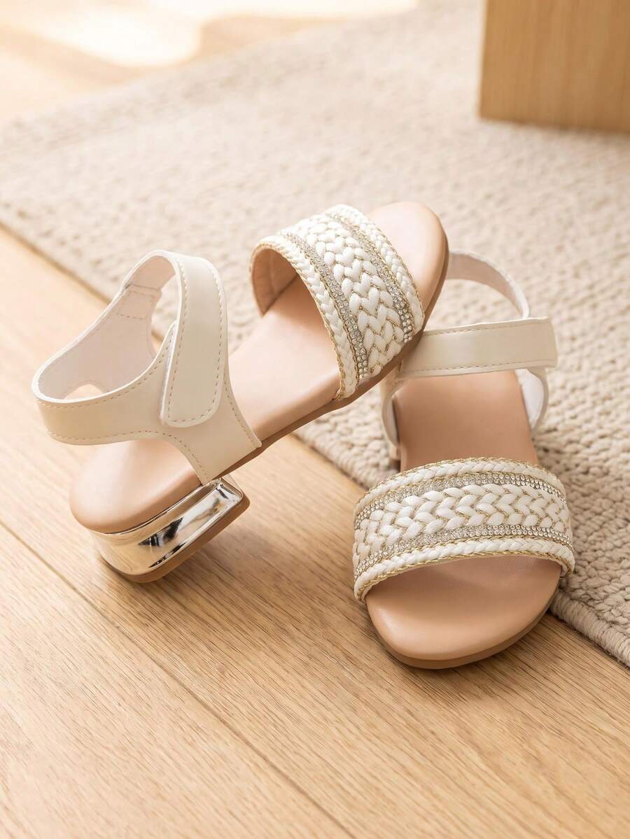 1 Pair 2026 Girls Beige Woven Rhinestone Hook & Loop Back Strap Chunky Heel Princess Sandals, Summer Wedding Style - Multicolor - View 1