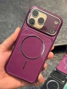 奢華亮片相機保護支架磁吸手機殼，相容 iPhone 17 Pro Max 17 Pro 17 16 Pro Max 16 Pro 16 15 Pro Max 15 Pro 15 14 Pro Max 14 Pro 14 13 Pro Max 13 Pro 13，支援無線充電，防摔鏡頭保護後蓋 - 酒紅色 - 查看 3