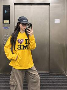 Niche American Style Long Sleeve Fun T-Shirt For Women, Personalized Heart & Letter Print Loose Fit Brand Crew Neck Top Yellow Casual - Yellow - View 3