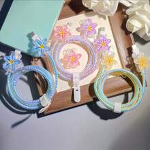 1組 TPU花朵數據線保護套，保護數據線，耐用ABS材質製成，相容Apple 18W/20W充電器，防止充電手機線損壞的保護套 - 藍色 黃芯雞蛋花 - 查看 6