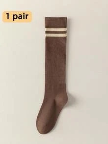 1/6 Pairs Women's Calf Socks, Solid Color Double Stripe Vertical Line Slimming Anti-Slip Knee-High Socks, Daily Wear - Multicolor - View 17