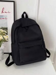 1 pieza Mochila clásica de estudiante de gran capacidad y unicolor para mujer, bolso versátil para ir al trabajo con múltiples bolsillos - Negro - Ver 8