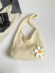 Bolso de hombro de gran capacidad de punto de ganchillo versátil y casual - Beis - Ver 4