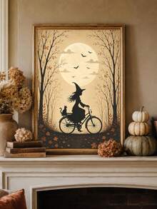 1pc Framed Canvas Wall Art Decor, Vintage Dark Academia Style Witch Riding Bicycle With Black Cat In Basket, Full Moon Autumn Silhouette Canvas Painting, Autumn Maple Tree Bat Dark Mood Halloween Oil Painting Print Poster, Quirky Pastoral Farmhouse Dark Aesthetic Decorative Wall Art, Suitable For Modern Home Decor, Room Decor, Halloween Decor, Halloween Poster, Witch Art, Gothic Poster, Halloween Home Decor, Halloween Gift - Witch - View 11