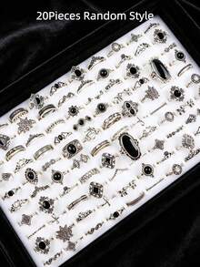 20pcs Gothic Vintage Silver Black Raw Stone Rings, Bohemian Hollow Floral Carved Stackable Finger Rings, Women's Daily Party Jewelry Gift - Black Stone Ring - View 9