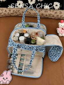 Leopard Print Large Capacity Makeup Bag, Multi-Compartment Brush Storage Bag, Portable Travel Cosmetic Storage Handbag - Blue - View 6