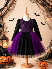 Gaun Lengan Panjang Motif Jaring Laba-laba Halloween & Blok Warna Jala - Purple - View 1